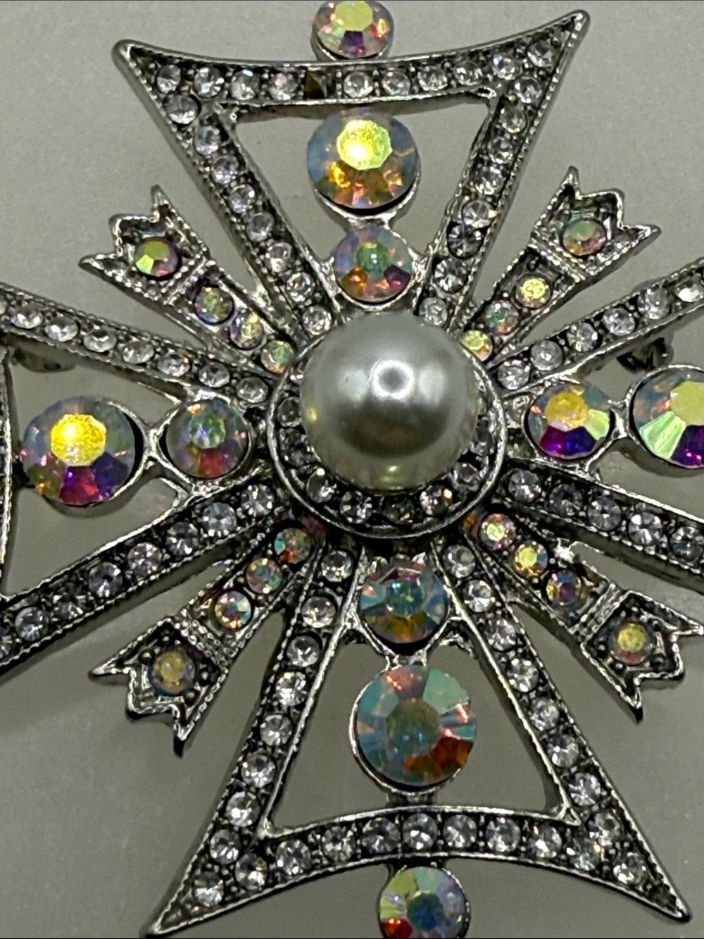 High end Vintage Aurora Borealis pave rhinestone  Cross Brooch faux Pearl Center